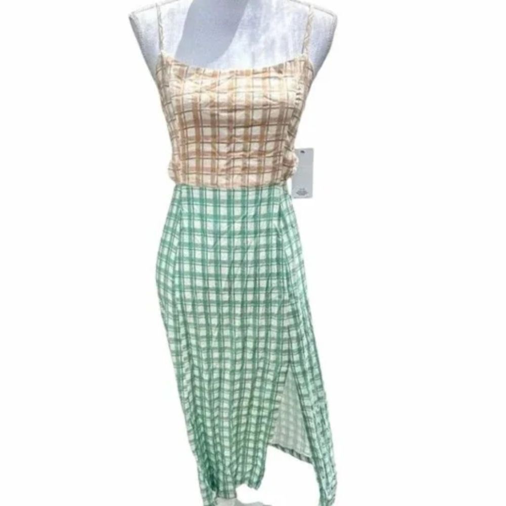 Hurley Colorblock Dress Small NWT Cutout Slit Tan Green Summer Spaghetti Straps - Picture 5 of 9